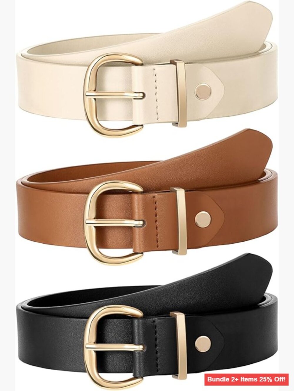 3 Pack Women's Faux Leather Belts Gold Buckle Casual Dress Jeans Pants